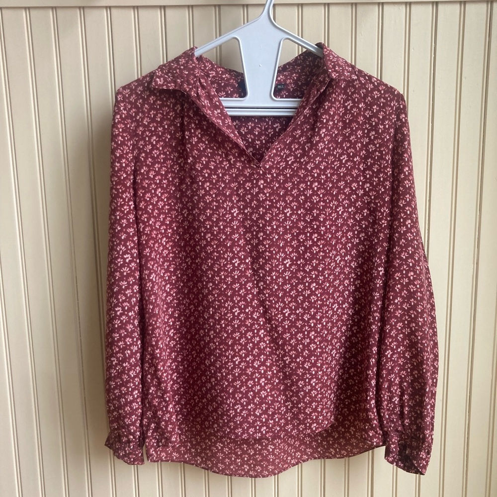 Massimo Dutti 100%Silk Burgundy Floral V-Neck Long Sleeve Blouse
